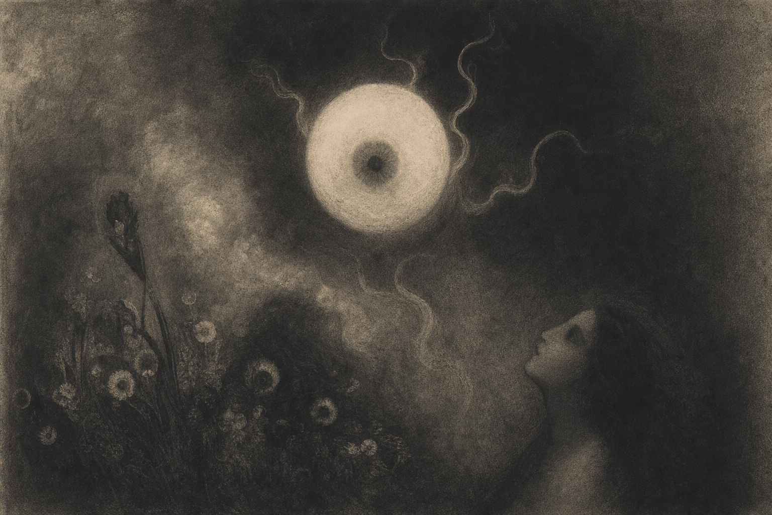 A winged eye drifting above a shadowed field — lithograph in the manner of Odilon Redon.